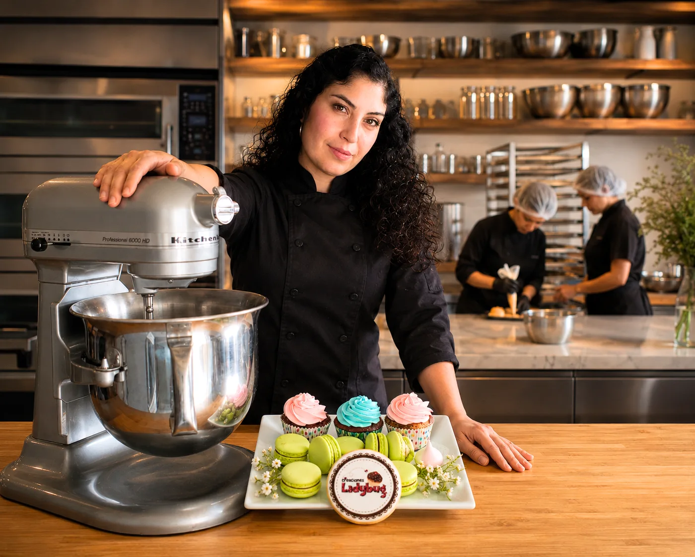 Alejandra Barrera, chef repostera en la cocina de Creaciones Ladybug en CDMX, preparando macarons y cupcakes personalizados para empresas